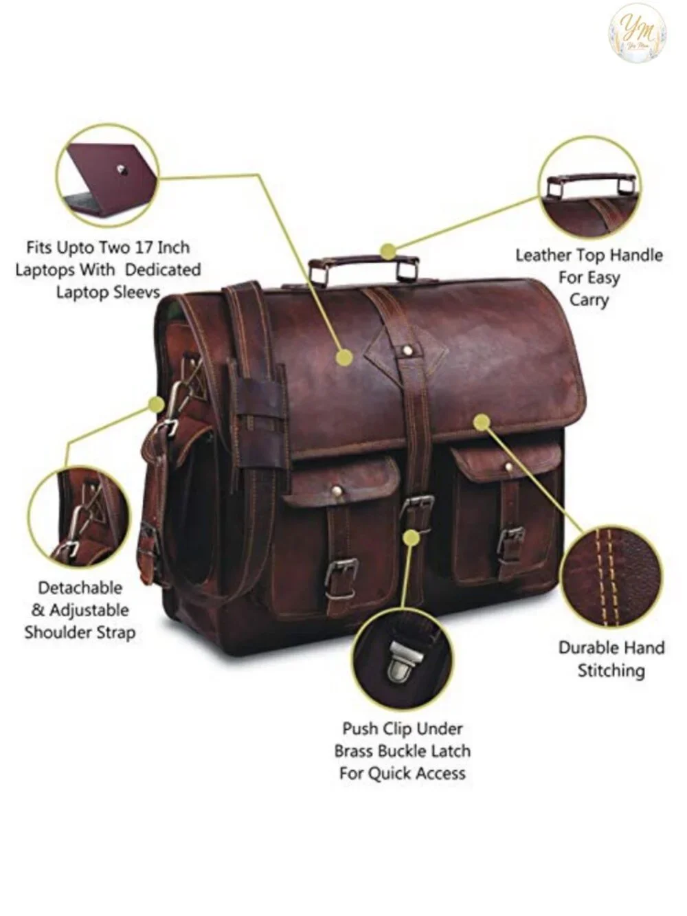 Genuine Leather Large 18 Inch Laptop Messenger Bag for Men with Adjustable Strap